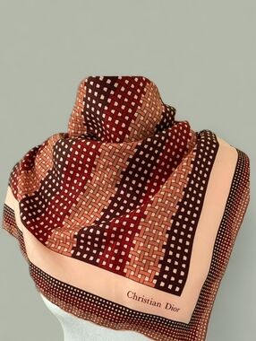 Vtg DIOR Art Deco Hand Rolled Silk Scarf Square Italy Lattice Brown Geometric
